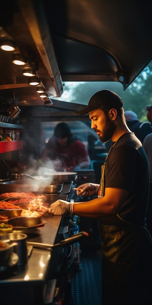 Joyful friends working together in a food truck kitchen