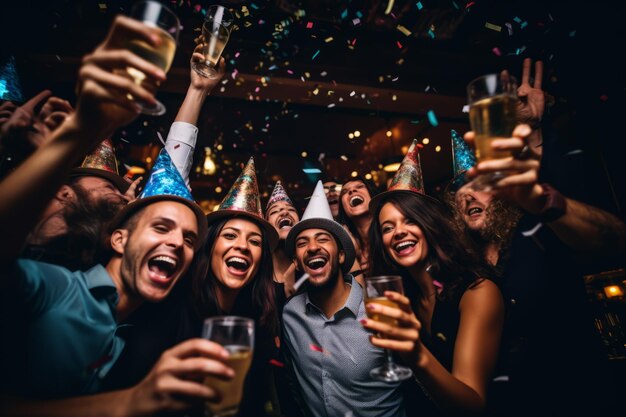 Foto un'allegra riunione di persone diverse che indossano colorati cappelli da festa