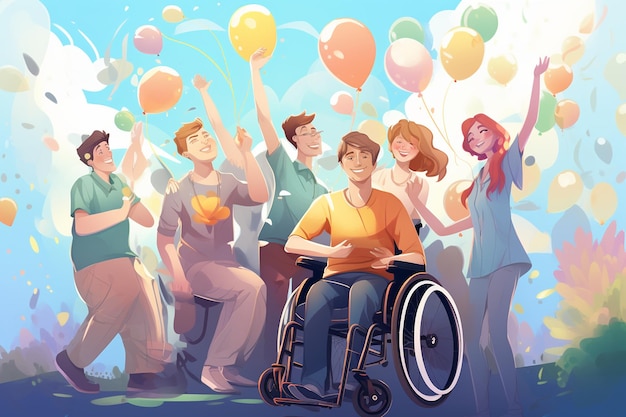 写真 車椅子に乗っている様々な障害者の喜びの集まり ジェネレーティブai