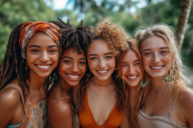 A joyful gathering of smiling women from diverse ethnic backgrounds