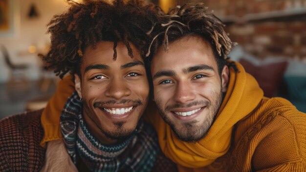 Photo joyful gay couple embracing in cozy living room generative ai