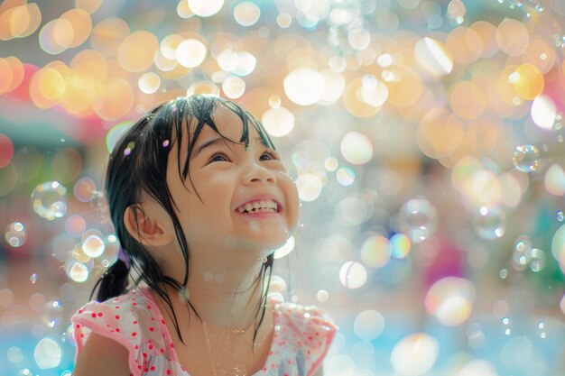 Photo a joyful girl delighting in the fun at a water park surrounded by enchanting bubble bokeh