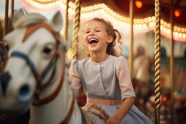 A joyful girl expressing excitement on a colorful carousel having fun during her vacation