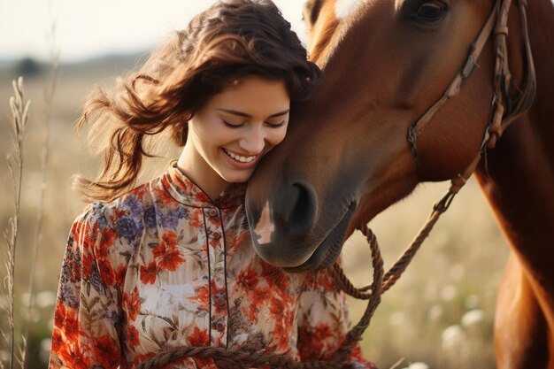 Joyful girl in a floral dress bonding with her horse in a meadow