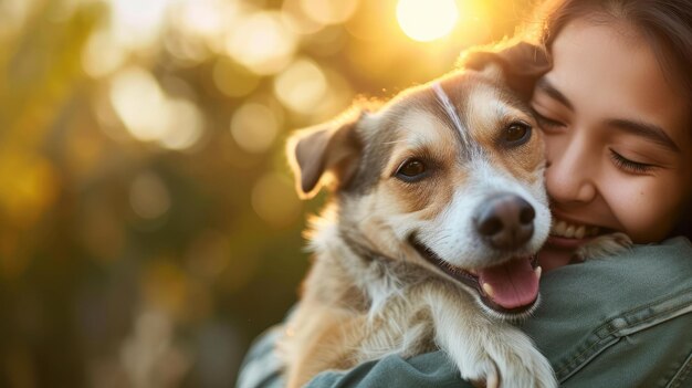 Радостная девушка обнимает свою собаку в золотом часовом свете