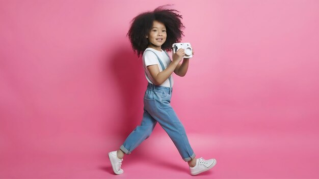 Photo joyful girl in moms jeans runs on pink background dark haired girl posing with instax camera