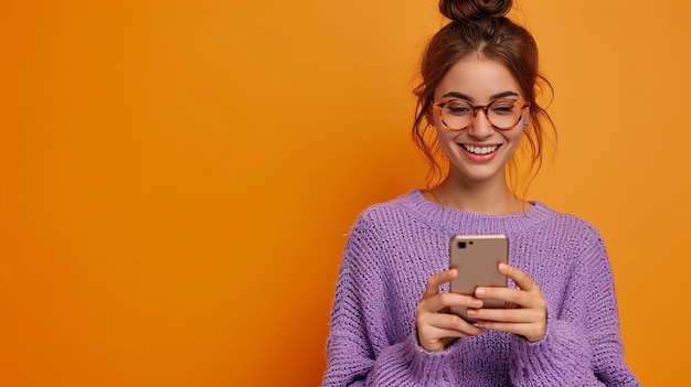 A joyful girl on an orange backdrop wearing purple sweater and spectacles and a phone generative ai