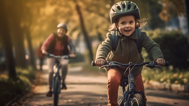 A joyful girl rides a bike with her mother Created with Generative AI technology