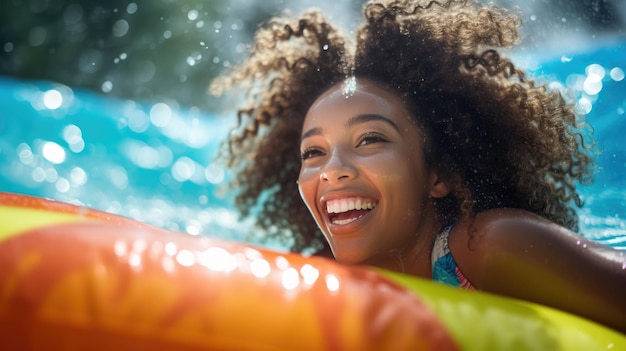 Joyful girl on the slides at the water park