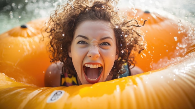 Joyful girl on the slides at the water park