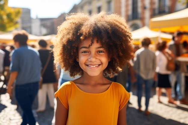 Joyful girl smiling in busy outdoor fair