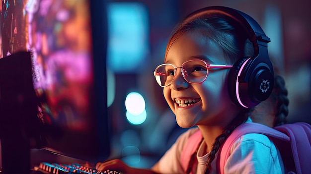 Joyful girl smiling and playing video game on computer Generative Ai