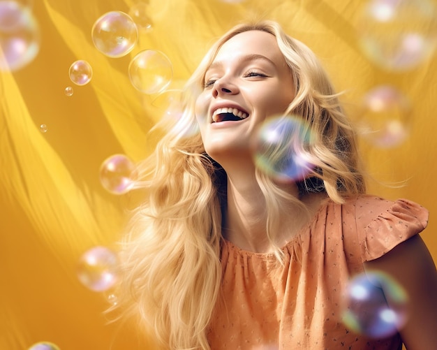 Photo joyful girl in spontaneous bubble moment portrait of smiling woman wearing casual clothing