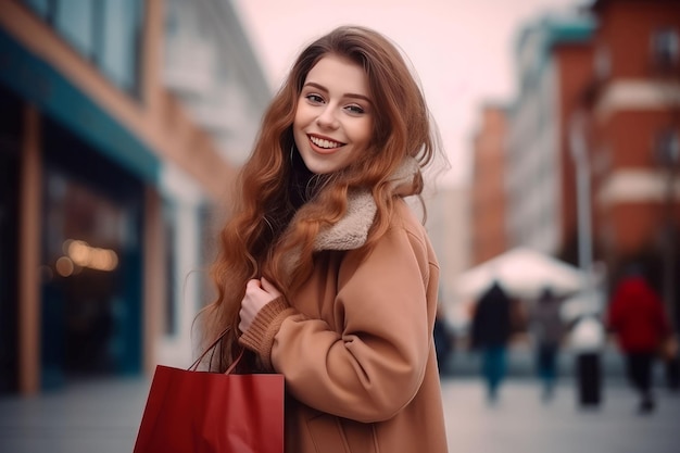 Joyful girl street shopping Cute woman Generate Ai