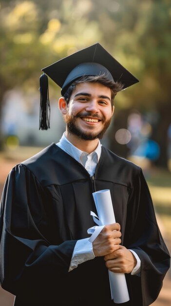 Joyful graduate holding diploma outdoors sunlit campus setting beginning new chapter