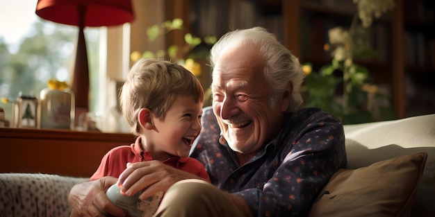 아늑한 환경에서 포착된 따뜻한 가족의 순간을 집에서 어린 손자와 함께 웃고 있는 즐거운 할아버지 AI