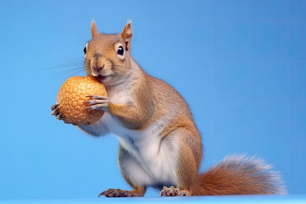 Joyful grey squirrel with acorn