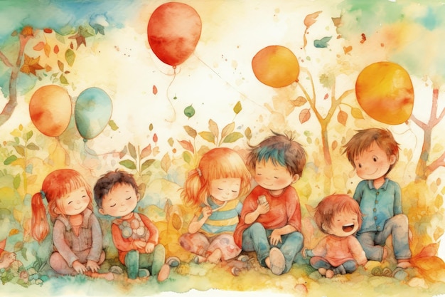 Photo joyful group of children holding colorful balloons created with generative ai technology