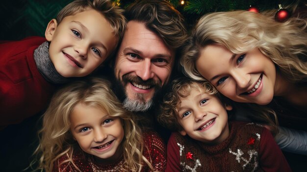 Foto un gruppo gioioso di bambini e un uomo sdraiati testa a testa in cerchio e sorridendo