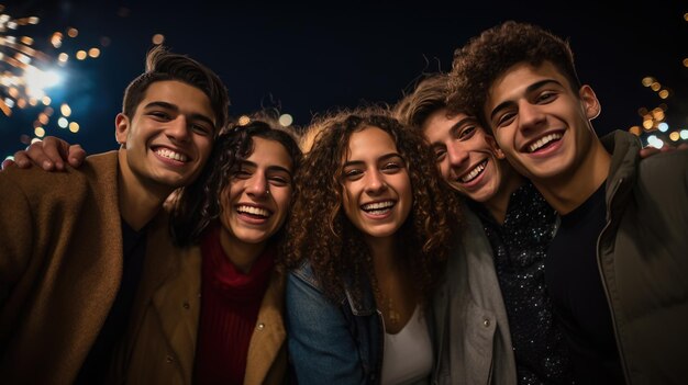 Foto un gruppo gioioso di amici si riunisce per un selfie ridendo e sorridendo sullo sfondo di abbaglianti fuochi d'artificio in un ambiente urbano di notte