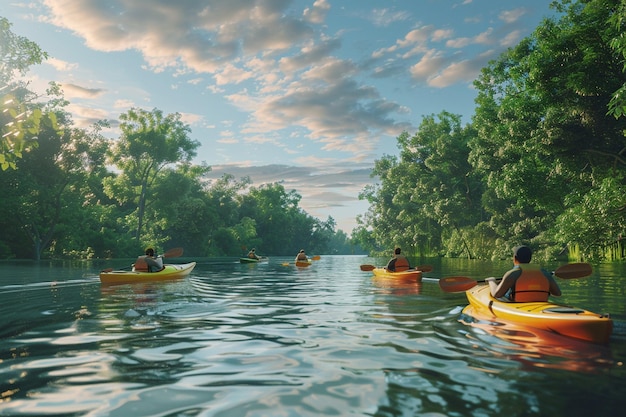 A joyful group of friends kayaking on a peaceful r