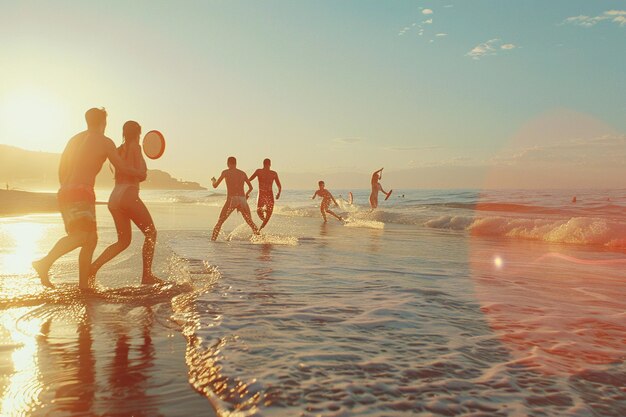 A joyful group of friends playing frisbee on the b