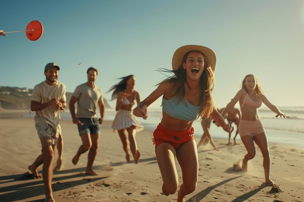 A joyful group of friends playing frisbee on the b