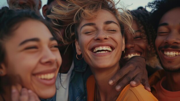 Photo a joyful group of people laughing together perfect for illustrating happiness and togetherness