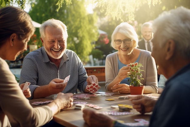 joyful group of seniors playing cards