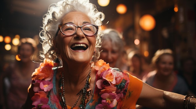 Joyful group of seniors showing vitality while dancing