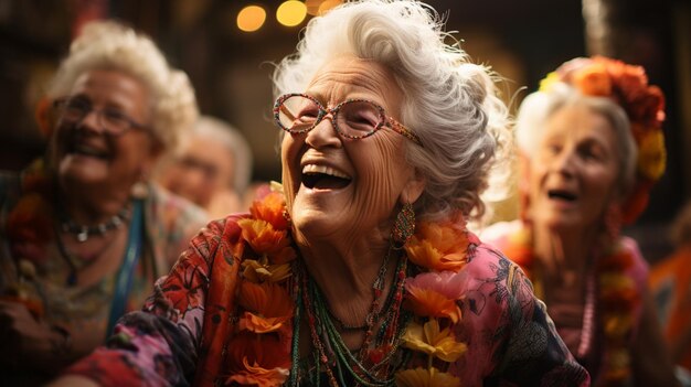 Joyful group of seniors showing vitality while dancing.