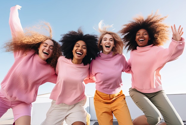 A joyful group of women leaping and celebrating in the air