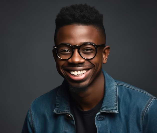 joyful happy african american young man in eyeglasses portrait isolated on grey studio background sm