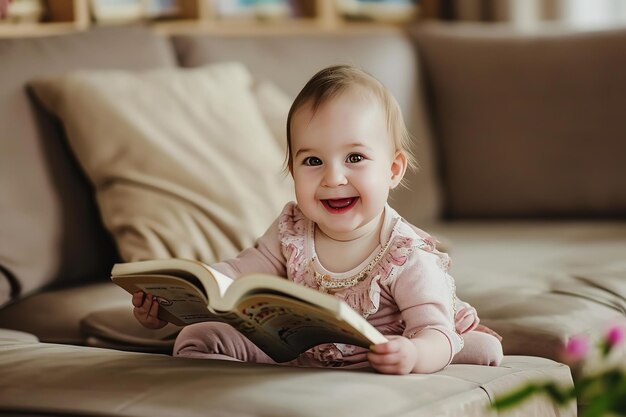 사진 즐거운 행복한 아이 아기 소녀는 소파 소파에 앉아서 책을 읽고 미소 짓고