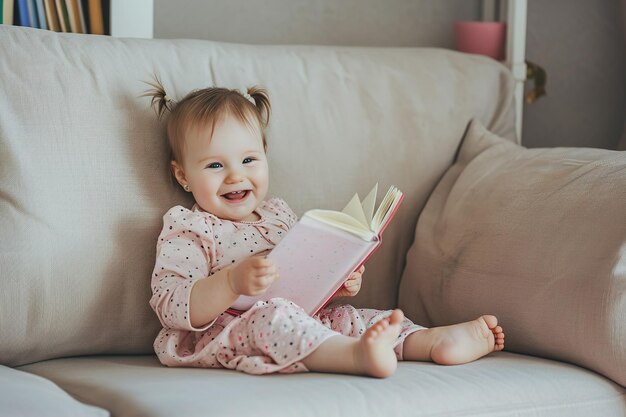 Joyful happy child baby girl smiling and reading book while sitting on couch sofa in living room at