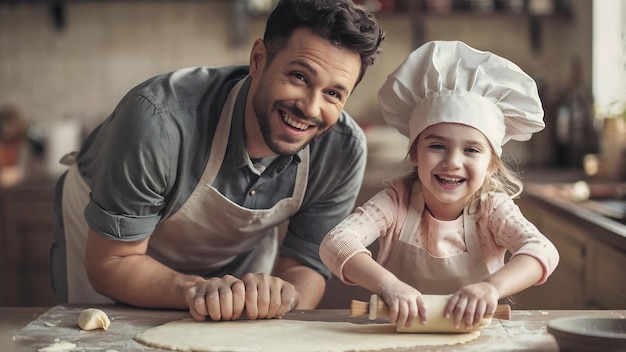 Joyful happy dad and his girl enjoying time together while rolling and kneading dough in kitchen