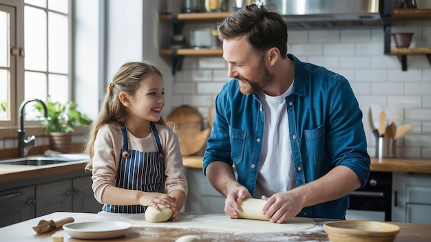 Joyful happy dad and his girl enjoying time together while rolling and kneading dough in kitchen