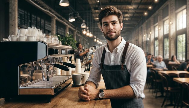 写真 喜びに満ちたヒップスター男 バリスタ 笑顔は迎的な性質を反映しています