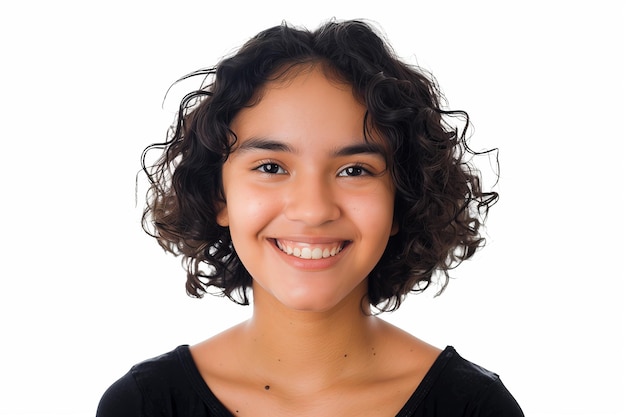 Joyful Hispanic Teenage Girl with Curly Hair on White Background