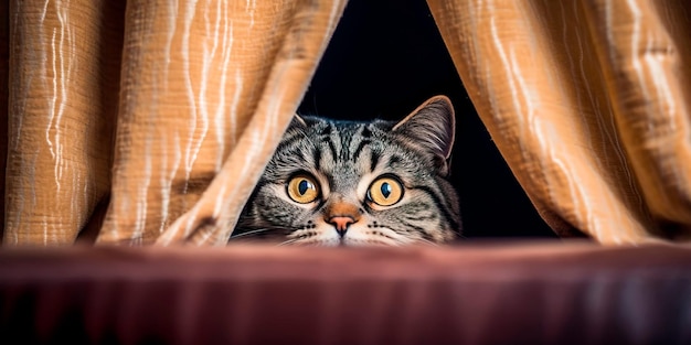 Joyful image of a cat engaging in a game of hideandseek peeking out from behind curtains or furniture International Cat Day Generative AI