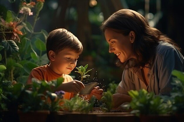 Фото Радостное изображение матери и сына, занимающихся садоводством