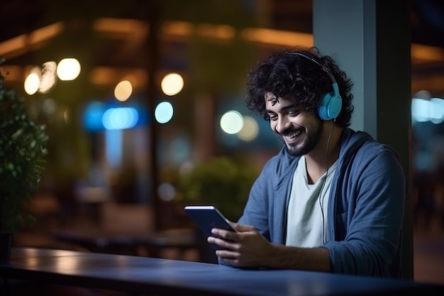 Joyful Indian Man with Earbuds Holding Mobile Phone Generative AI