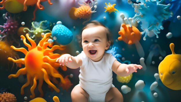 a joyful infant surrounded by a diverse array of colorful bacteria The vibrant microbes symbolize