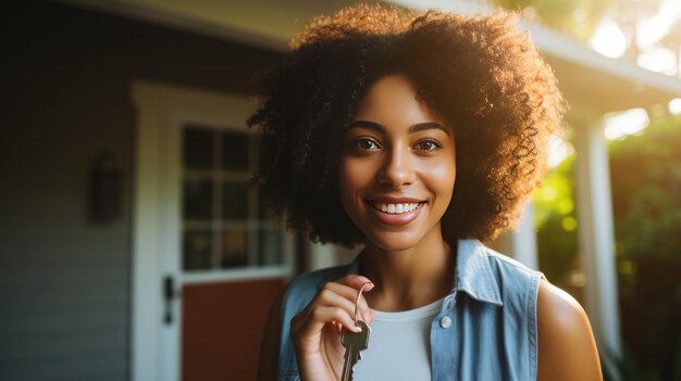 喜び の 旅 アフリカ 系 アメリカ 人 の 女性 が 新しい 家 を 抱きしめる とき の 自信 の ある 笑顔