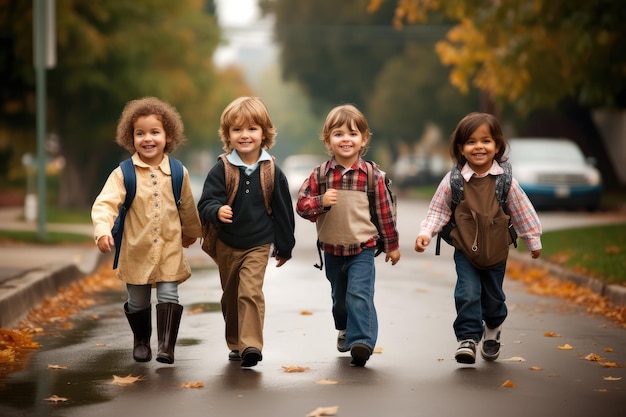 Photo joyful journey to school kids walk with smiles experience the pure excitement of childhood as kids walk to school with radiant smiles ready to embrace the adventures that await them