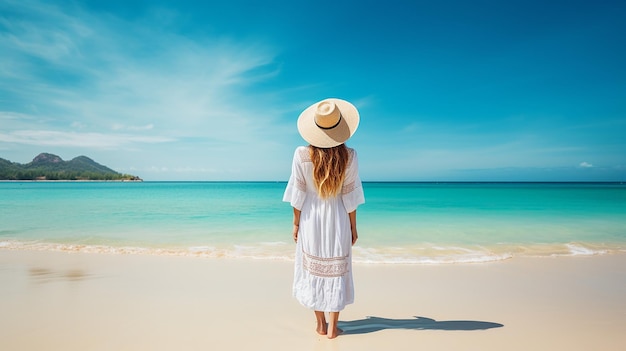 Joyful Journey Woman in White Dress and Hat