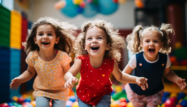 Joyful kids are playing at kindergarten photography Colorful and minimal kindergarten background