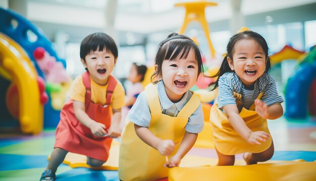 楽しい子供たちが幼稚園の写真撮影で遊んでいますカラフルで最小限の幼稚園の背景