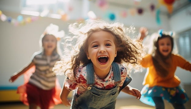 Joyful kids are playing at kindergarten photography Colorful and minimal kindergarten background