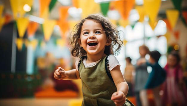 Joyful kids are playing at kindergarten photography Colorful and minimal kindergarten background